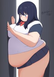 1girl alley belly black_hair blue_eyes blue_shirt blush bow bowtie breasts fat fat_woman from_side frown gridman_universe large_breasts masakin medium_hair midriff muffin_top obese school_uniform shirt skirt solo ssss.gridman standing stuck sweater_vest takarada_rikka thick_thighs thighs tight_clothes undersized_clothes