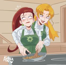 2girls apron blonde_hair blue_eyes blush cassidy_(pokemon) cooking creatures_(company) earrings frying_pan game_freak hair_intakes hair_slicked_back helping highres jessie_(pokemon) jewelry kiana_mai lipstick looking_away makeup multiple_girls nintendo open_mouth pokemon pokemon_(anime) pokemon_swsh095 pokemon_journeys purple_eyes red_eyes twintails yuri