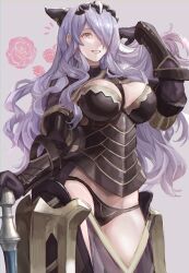 1girl absurdres armor axe battle_axe black_armor black_panties blush bodice breasts camilla_(fire_emblem) cleavage commentary_request fire_emblem fire_emblem_fates fire_emblem_warriors gloves hair_over_one_eye highres large_breasts long_hair looking_at_viewer nintendo open_mouth panties purple_eyes purple_hair smile sobasakuhin solo thighs tiara underwear very_long_hair wavy_hair weapon