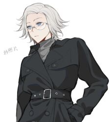 1boy alternate_costume aotsuki_eito belt black_coat blue_eyes closed_mouth coat glasses grey_shirt hand_in_pocket male_focus parted_hair shirt simple_background solo solo_focus the_hundred_line_-last_defense_academy- white_background white_hair