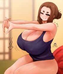 Rule 34 | 1girl, absurdres, armpits, bare shoulders, black panties, black tank top, blurry, blurry background, blush, breasts, brown eyes, brown hair, cleavage, hair bun, highres, huge breasts, kaii to otome to kamikakushi, mature female, mole, mole under eye, ogawa sumireko, one eye closed, panties, short eyebrows, short hair, sidelocks, sitting, smile, solo, stretching, tank top, the only shoe, thick eyebrows, thick thighs, thighs, underwear, wavy mouth