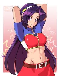 Rule 34 | 1girl, absurdres, arms behind back, arms up, asamiya athena, hair ornament, highres, idol, long hair, looking at viewer, midriff, navel, psycho soldier, purple eyes, purple hair, smile, snk, star (symbol), star hair ornament, the king of fighters, the king of fighters 2002