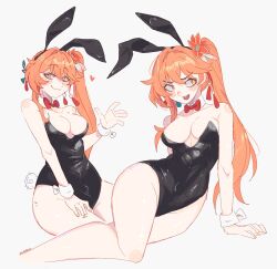 1girl animal_ear_hairband animal_ears bare_arms black_leotard blush bow bowtie breasts cleavage closed_mouth collarbone commentary cropped_legs detached_collar english_commentary fake_animal_ears fake_tail guinaifen_(honkai:_star_rail) hair_between_eyes hairband highleg highleg_leotard highres honkai:_star_rail honkai_(series) leotard long_hair looking_at_viewer medium_breasts multiple_views open_mouth orange_eyes orange_hair playboy_bunny rabbit_ear_hairband rabbit_ears red_bow simple_background smile strapless strapless_leotard tail thighs traditional_bowtie unfamousradish white_background white_wrist_cuffs wrist_cuffs