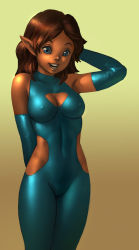 1girl absurdres bare_shoulders blue_eyes bodysuit brown_hair cleavage_cutout clothing_cutout elbow_gloves female_focus gloves highres open_mouth original pointy_ears pokkuti short_hair simple_background smile solo