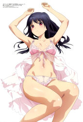 Rule 34 | 1girl, absurdres, arifureta shokugyou de sekai saikyou, armpits, arms up, bare shoulders, black hair, blush, bow, bow panties, breasts, cleavage, closed mouth, collarbone, highres, hokkaido azmacy inc., long hair, looking at viewer, magazine scan, megami magazine, navel, nightgown, official art, panties, pink nightgown, pink panties, red eyes, scan, shiny skin, simple background, small breasts, solo, underwear, white background, yaegashi shizuku