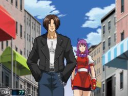 1boy 1girl asamiya_athena bike_shorts black_jacket breasts brown_hair gloves hair_ornament idol jacket kusanagi_kyou large_breasts long_hair outdoors pachinko pale_skin psycho_soldier purple_hair skirt smile snk standing star_(symbol) star_hair_ornament the_king_of_fighters thick_thighs thighs wide_hips