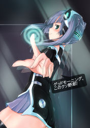 1girl apple_inc. ass cellphone female_focus green_eyes iphone looking_at_viewer mascot personification phone pointing pointing_at_viewer purple_hair reflection satou_kuuki siri skirt smartphone solo standing text_focus thighhighs translated twintails zettai_ryouiki