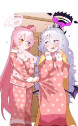 Rule 34 | 2girls, black halo, blue archive, blush, demon girl, demon horns, demon wings, embarrassed, halo, heart, heterochromia, highres, hina (blue archive), hina (pajamas) (blue archive), horns, hoshino (blue archive), jacket, long hair, multiple girls, n0 image, nose blush, open mouth, pajamas, pink hair, pink halo, pink pajamas, polka dot, polka dot pajamas, purple eyes, standing, white hair, wings, yellow jacket, yuri