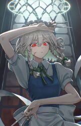 1girl apron arm_up between_fingers blood blood_on_face blue_dress blush bow braid buttons clock collared_shirt dress frilled_apron frills glint green_bow green_ribbon hair_between_eyes hair_bow harapan-kun holding holding_knife izayoi_sakuya knife knives_between_fingers looking_down maid maid_apron maid_headdress neck_ribbon open_mouth puffy_short_sleeves puffy_sleeves red_eyes ribbon roman_numeral shirt short_hair short_sleeves solo touhou twin_braids upper_body waist_apron white_apron white_hair white_shirt window