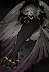 1girl animal_feet ass black_pantyhose black_thighhighs breasts fangs fate/grand_order fate_(series) green_eyes highres horns lilith_(fate) lilith_(third_ascension)_(fate) long_hair looking_at_viewer open_mouth pantyhose pointy_ears smile solo suwa_(swk_kkk) thighhighs white_hair wings