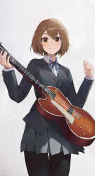 1girl absurdres black_pantyhose blue_ribbon brown_eyes brown_hair gradient_background grey_background grey_skirt guitar highres hirasawa_yui holding holding_guitar holding_instrument instrument jianjia k-on! looking_at_viewer pantyhose pleated_skirt ribbon school_uniform short_hair skirt smile