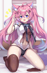 1girl absurdres ahoge animal_ears arm_up bare_shoulders black_panties black_thighhighs blue_eyes blush breasts chinese_commentary commentary_request facing_viewer fox_ears fox_girl fox_tail full_body ginyasama gluteal_fold hair_between_eyes hair_ornament hairclip highres indie_virtual_youtuber indoors kneeling leotard long_bangs long_hair looking_at_viewer navel necktie open_mouth panties pink_hair smile tail teeth teletha_(vtuber) thighhighs twintails underwear upper_teeth_only variant_set