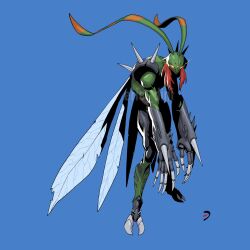Rule 34 | 1boy, blue background, bug, digimon, digimon (creature), eye trail, full body, guraguradesign, highres, insect wings, light trail, red eyes, shoulder spikes, simple background, solo, spikes, stingmon, wings