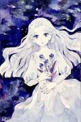 1girl collarbone dress flower hair_flowing_over holding holding_flower juliet_sleeves lipstick long_dress long_hair long_sleeves makeup mmo_07 multicolored_flower nail_polish open_mouth original painting_(medium) puffy_sleeves purple_background purple_eyes scan signature simple_background solo traditional_media tulip watercolor_(medium) white_dress white_flower white_hair white_tulip