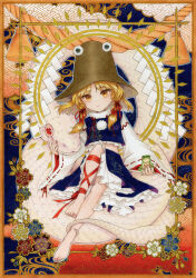 1girl animal animal_print blonde_hair brown_hat closed_mouth commentary_request flower frog frog_print hair_ribbon hat highres leg_ribbon long_hair long_sleeves looking_at_viewer marker_(medium) mishaguji moriya_suwako oversized_animal purple_skirt purple_vest red_ribbon ribbon ribbon-trimmed_sleeves ribbon_trim s.mamiya sitting skirt skirt_set snake solo toes touhou traditional_media tress_ribbon vest white_snake wide_sleeves yellow_eyes