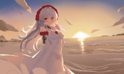 1girl absurdres breasts chinese_commentary cloud commentary_request dress evil_king gradient_sky highres honkai_(series) honkai_impact_3rd incredibly_absurdres looking_at_viewer medium_breasts outdoors red_eyes red_headdress sky smile solo sunset theresa_apocalypse theresa_apocalypse_(luna_kindred) theresa_apocalypse_(rosy_bridesmaid)_(luna_kindred) wedding_dress white_dress white_hair