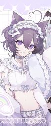 1girl ahoge animal_ear_fluff animal_ears blush brown_hair cat_ears choker coat commentary comori cowboy_shot crop_top cropped_shirt frilled_hairband frills fur-trimmed_coat fur_trim grid_background hair_between_eyes hair_ornament hairband hairclip hand_up highres looking_at_viewer midriff navel open_clothes open_coat original pants purple_choker purple_eyes shirt short_hair short_sleeves sleeves_past_fingers sleeves_past_wrists solo symbol-only_commentary white_background white_hairband white_pants white_shirt x_hair_ornament
