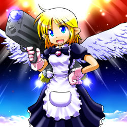 Rule 34 | 1girl, above clouds, apron, blonde hair, blue eyes, cloud, dot nose, female focus, gloves, hand on own hip, maid apron, pink gloves, pointy ears, puffy short sleeves, puffy sleeves, short sleeves, sidelocks, sky, solo, standing, tagme, weapon, wings, yuri seijin naoko-san