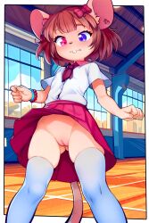 1girl absurdres animal_ears border breasts cleft_of_venus closed_mouth commentary commission english_commentary furry furry_female highres loli miniskirt moneymop mouse_ears mouse_girl no_panties original outside_border pleated_skirt purple_eyes pussy red_eyes red_hair red_skirt shirt short_hair short_sleeves skirt small_breasts solo teeth thighhighs transparent_border uncensored upper_teeth_only white_shirt white_thighhighs