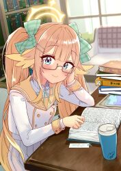 1girl arm_rest blonde_hair blue_archive blue_eyes blush book book_stack bookshelf bow buttons cheek_rest commentary_request double-breasted feather_hair glasses hair_bow halo happy highres long_hair looking_at_viewer milkmochi multicolored_hair open_book orange_hair orange_sailor_collar plaid_bow pleated_skirt sailor_collar school_uniform shimiko_(blue_archive) sitting skirt smile solo sunlight table tumbler twintails very_long_hair yellow_halo
