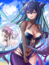 1girl black_hair black_panties blue_dress blue_sky breasts bubble cinderella_(nikke) commentary_request covered_navel dress goddess_of_victory:_nikke grave_(nikke) green_hair hair_intakes highres large_breasts little_mermaid_(abyss_flower)_(nikke) little_mermaid_(nikke) long_hair multicolored_hair myaamocchi official_alternate_costume open_mouth panties revealing_clothes see-through_clothes see-through_dress sky smile solo two-tone_hair underwear very_long_hair yellow_eyes