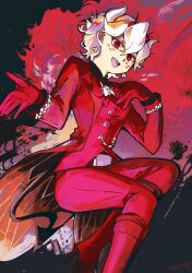 1girl absurdres beelzebub_(helltaker) boots business_suit demon_girl demon_horns demon_tail formal_clothes freckles gloves helltaker high_heel_boots high_heels highres horns looking_at_viewer red_eyes red_gloves red_suit short_hair solo suit tail uninosono white_hair