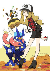 10s 1girl ankle_boots bad_id bad_pixiv_id baseball_cap blonde_hair boots full_body gen_4_pokemon gen_6_pokemon greninja hat long_hair miniskirt nibo_(att_130) nintendo poke_ball poke_ball_(basic) pokemon pokemon_(creature) pokemon_xy serena_(pokemon) skirt thighhighs vespiquen yellow_eyes