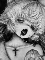 1girl bags_under_eyes black_background blood blood_drip blood_in_mouth blood_on_face blush collarbone commission cross fangs graphite_(medium) highres kansouki looking_at_viewer medium_hair messy_hair original pointy_ears tongue traditional_media