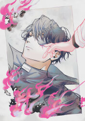 2boys black_coat black_hair burning burning_paper closed_eyes coat curtained_hair eyepatch fire highres kim_dokja male_focus multiple_boys omniscient_reader&#039;s_viewpoint out_of_frame outline pink_fire pink_outline popped_collar portrait portrait_(object) raya_(000_unseen) reaching reaching_towards_another scar scar_on_face yoo_joonghyuk