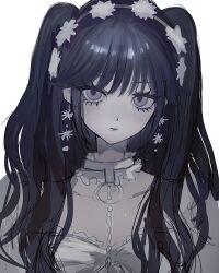 1girl akai_ringo_(eveyuno) black_hair flower grey_eyes hair_flower hair_ornament highres looking_at_viewer original rosary shirt white_background white_shirt