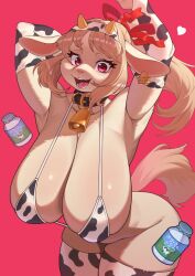 1girl animal_ears animal_print armpits bell bikini bikini_top_only blonde_hair body_fur bottle bottomless bow breasts cow_ears cow_print cow_print_bikini cow_print_gloves cow_print_thighhighs cowbell ear_tag elbow_gloves eyelashes fake_horns furry furry_female gloves hair_bow highres horns huge_breasts kimako_desu leaning_forward milk_bottle neck_bell open_mouth original ponytail print_bikini print_gloves print_thighhighs red_background red_bow red_eyes simple_background solo swimsuit thighhighs wide_hips