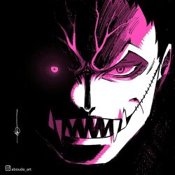 1boy aboude_art charlotte_katakuri glowing glowing_eye instagram_logo instagram_username male_focus monochrome one_piece sharp_teeth short_hair solo stitched_mouth stitches teeth tusks veiny_face