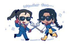 10384740238312e 1boy 1girl :d black_hair black_shoes blue_dress blue_jacket blue_outline blue_pants blue_suit boots braid chibi chibi_only collared_shirt commentary cosplay crossdressing dark-skinned_male dark_skin deltarune dress effie_(project_moon) elnina_(deltarune) elnina_(deltarune)_(cosplay) english_commentary english_text fang formal_clothes gloves highres holding holding_pointer jacket lanino_(deltarune) lanino_(deltarune)_(cosplay) limbus_company long_hair necktie open_mouth outline pants pointer ponytail project_moon red_gloves red_necktie saude_(project_moon) shirt shoes smile suit sunglasses white_background white_shirt white_sleeves yellow_boots