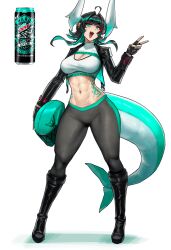 Rule 34 | 1girl, abs, ahoge, black footwear, black hair, black jacket, black pants, boots, breasts, can, cleavage, colored inner hair, cropped jacket, drink can, energy drink, eu03, fingerless gloves, fins, fish tail, gloves, green hair, helmet, holding, holding helmet, horns, jacket, large breasts, large horns, long sidelocks, midriff, motorcycle helmet, multicolored hair, muscular, muscular female, navel, open clothes, open jacket, open mouth, original, pants, red hair, shark girl, shark tail, sidelocks, sports bra, streaked hair, tail, v, white sports bra, yoga pants