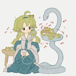 1girl :3 absurdres ahoge animal bare_shoulders blue_hairband blue_skirt blush_stickers collared_shirt detached_sleeves dot_nose double-parted_bangs earbuds earphones frog frog_hair_ornament green_hair hair_ornament hair_tubes hairband highres kochiya_sanae listening_to_music long_hair long_sleeves looking_at_animal musical_note neruzou patterned_clothing print_skirt shirt simple_background single_hair_tube single_sidelock skirt skirt_set sleeveless sleeveless_shirt snake snake_hair_ornament solo table touhou white_background wide_sleeves