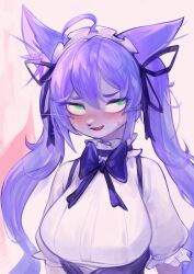 1girl 3gs ahoge animal_ear_fluff animal_ears animal_nose arms_at_sides black_bow black_bowtie black_ribbon blue_fur body_fur bow bowtie breasts cat_ears cat_girl fang female_focus frilled_shirt frilled_sleeves frills furry furry_female green_eyes hair_ribbon highres large_breasts long_hair looking_to_the_side looking_up maid_headdress nervous_smile open_mouth original pink_background purple_hair raised_eyebrows ribbon shirt short_sleeves shy sidelocks smile solo standing sweat twintails upper_body whiskers white_shirt