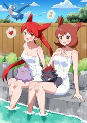 2girls absurdres alternate_form bianca_(pokemon_heroes) blush breasts brown_eyes brown_hair day ditto eggman_(ni_tamagoex) gen_1_pokemon gen_3_pokemon gen_5_pokemon highres latias latias_(human)_(pokemon_adventures) latios legendary_pokemon long_hair looking_at_viewer multiple_girls naked_towel nintendo onsen open_mouth outdoors personification pokemon pokemon_(anime) pokemon_(classic_anime) pokemon_(creature) pokemon_adventures pokemon_heroes:_latios_&amp;_latias red_hair short_hair smile towel twintails yellow_eyes zorua
