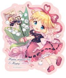 1girl :d ^_^ amo_(shibu3) bad_id bad_pixiv_id black_shirt blonde_hair bloomers blue_eyes blush bouquet bow chibi closed_eyes doll english_text flower french_text full_body hair_ribbon heart heart_ribbon holding holding_bouquet lily_of_the_valley looking_at_viewer medicine_melancholy open_mouth pink_background puffy_short_sleeves puffy_sleeves red_footwear red_ribbon red_skirt reiwa ribbon ribbon-trimmed_bloomers ribbon-trimmed_skirt ribbon-trimmed_sleeves ribbon_trim shirt shoes short_hair short_sleeves simple_background skirt smile star_(symbol) su-san touhou twitter_username underwear wrist_cuffs