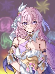 Rule 34 | 1girl, absurdres, aerial fireworks, ansha da wei, bare shoulders, blurry, blurry background, breasts, chinese commentary, cleavage, collarbone, commentary request, corset, diamond-shaped pupils, diamond (shape), elysia (herrscher of human: ego) (honkai impact), elysia (honkai impact), fireworks, highres, honkai (series), honkai impact 3rd, large breasts, long hair, looking at viewer, multicolored hair, night, night sky, pink hair, purple eyes, sky, smile, solo, symbol-shaped pupils, triquetra, two-tone hair, veil, very long hair, white corset, white hair, white veil