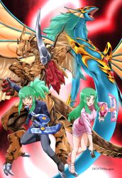 Rule 34 | 1boy, 1girl, aged up, ancient fairy dragon, armor, black boots, black jacket, boots, brother and sister, card, deck of cards, dragon, duel disk, duel monster, green hair, grey pants, highres, holding, holding card, jacket, life stream dragon, long hair, lua (yu-gi-oh!), luca (yu-gi-oh!), pants, pink shirt, pink shorts, ponytail, red background, shirt, shorts, siblings, sinqou, twins, yu-gi-oh!, yu-gi-oh! 5d&#039;s