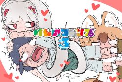 3girls anger_vein animal_ears biting biting_another&#039;s_hand biting_another&#039;s_leg blunt_bangs blush bow brown_hair byakuda_(kemono_friends) captain_(kemono_friends) catfight commentary dhole_(kemono_friends) dog_ears dog_girl dog_tail extra_ears fangs flower hair_ornament heart iwabiihaporn jacket kemono_friends kemono_friends_3 long_hair multicolored_hair multiple_girls pain red_eyes restrained safari_jacket screaming shirt short_hair shorts skirt sleeveless snake_girl snake_tail tail tail_wrap trembling tug_of_war two-tone_hair very_long_tail white_hair yuri