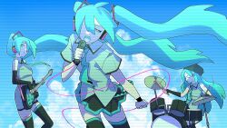 3girls aqua_necktie bare_shoulders beanie black_gloves blue_eyes blue_hair blue_sky cable closed_eyes closed_mouth collared_dress collared_shirt cymbals danciingcosmos dot_nose dress drum drum_set drumsticks elbow_gloves electric_guitar fingerless_gloves gloves guitar guitar_strap hair_ornament hairclip half-closed_eyes hat hatsune_miku headphones highres holding holding_cable holding_drumsticks holding_guitar holding_instrument holding_microphone instrument leg_tattoo long_hair microphone miniskirt motion_lines multiple_girls multiple_persona music necktie number_tattoo open_mouth playing_drum playing_guitar playing_instrument pleated_skirt ponytail scanlines shirt short_sleeves shoulder_tattoo singing skirt sky sleeveless sleeveless_dress sleeveless_shirt small_sweatdrop tattoo thighhighs twintails very_long_hair vocaloid wristband zettai_ryouiki