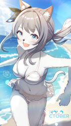 1girl :d animal_ears beach bikini blue_eyes blue_sky blush bow breasts cat_ears cat_girl cat_tail dreadpunk ear_ribbon frilled_bikini frills furrification furry furry_female grey_bikini grey_hair highres hololive hololive_indonesia looking_at_viewer open_mouth outdoors signature sky smile snout solo striped_bikini striped_clothes swimsuit tail twintails vestia_zeta virtual_youtuber whiskers white_fur