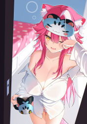 1girl absurdres animal_ear_fluff animal_ears bare_shoulders bed breasts cat_ears cleavage coffee coffee_mug collarbone commentary cowboy_shot cup fang hair_between_eyes hand_up highres holding holding_cup hololive hololive_english large_breasts long_hair looking_at_viewer mug multicolored_hair off_shoulder one_eye_closed open_mouth panther_ears panther_girl panther_tail panties pink_fur pink_hair purrsianblue8 raora_panthera rubbing_eyes shirt shirt_slip sidelocks skin_fang sleep_mask sleepy solo standing streaked_hair tail underwear very_long_hair virtual_youtuber white_hair white_panties white_shirt yellow_eyes