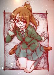 1girl black_socks blazer blue_necktie boku_wa_tomodachi_ga_sukunai brown_eyes brown_hair full_body glasses green_jacket green_skirt grin hair_ornament hair_scrunchie hand_up high_ponytail highres jacket kneehighs loafers long_hair long_sleeves looking_at_viewer necktie pleated_skirt ponytail school_uniform scrunchie shiguma_rika shoes sitting skirt smile socks solo st._chronica_academy_school_uniform wariza watanabe_yoshihiro winter_uniform yellow_scrunchie