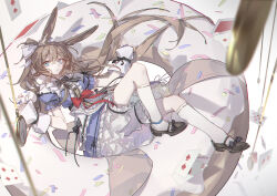1girl absurdres amiya_(arknights) animal_ears arknights blue_dress blue_eyes bow brown_hair card dress highres long_hair rabbit_ears socks solo white_socks yuraku_(yealsiewa)