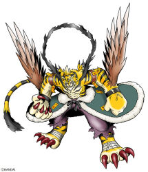 body_fur brown_wings digimon digimon_(creature) fangs feathered_wings furry official_art pants red_eyes simple_background tiger white_background winged_arms wings yellow_fur yihumon