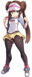1girl blue_eyes blue_shoes blush breasts brown_hair brown_pantyhose closed_mouth covered_navel creatures_(company) double_bun full_body game_freak hair_between_eyes hair_bun hat highres holding holding_poke_ball karukan_(monjya) long_hair long_sleeves looking_at_viewer medium_breasts nintendo pantyhose pantyhose_under_shorts poke_ball poke_ball_(basic) pokemon pokemon_bw2 raglan_sleeves rosa_(pokemon) shirt shoes shorts simple_background smile solo standing twintails upshorts very_long_hair visor_cap white_background white_hat white_shirt yellow_shorts
