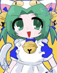 1girl 7nenasai animal_ears bell blush cat_ears cat_girl dejiko di_gi_charat green_eyes green_hair hair_bell hair_ornament open_mouth puffy_short_sleeves puffy_sleeves short_sleeves solo tail white_tail yellow_background