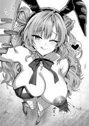 1girl alternate_costume animal_ears blue_archive blush breasts cellphone cleavage closed_mouth commentary_request detached_collar double_bun fake_animal_ears fingernails fishnet_pantyhose fishnets flashing from_above greyscale hair_bun heart highres holding holding_phone kirara_(blue_archive) kojima_saya large_breasts leotard long_fingernails long_hair monochrome nail_polish nipples one_breast_out one_eye_closed pantyhose phone playboy_bunny pulling_own_clothes rabbit_ears selfie smartphone smile solo spoken_heart strapless strapless_leotard tongue tongue_out